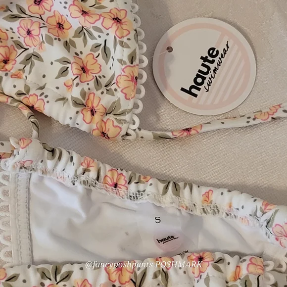 HAUTE swim pink poppies green leaves ribbon bows edging triangle string bikini - Picture 14 of 17